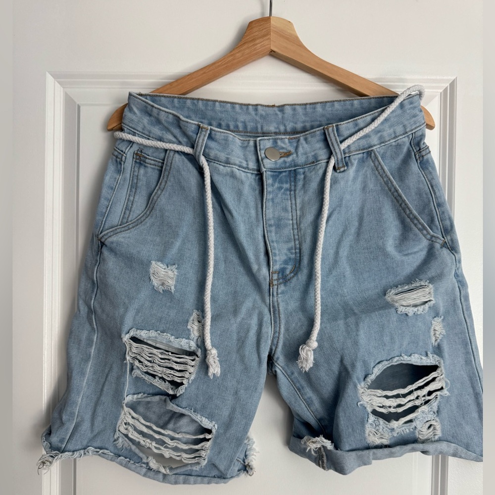 MANFINITY Men's Distressed Light Blue Denim Shorts